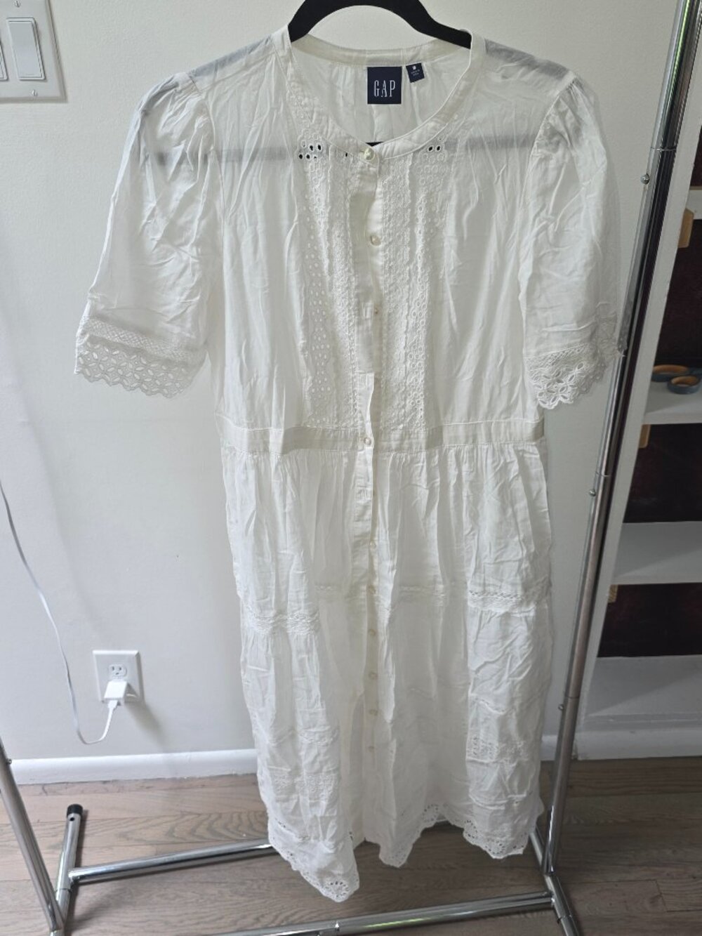 Gap, white button down dress, eyelet details.